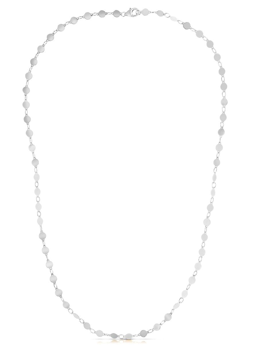 14k White Gold Necklace with Polished Circles in a sleek high-contrast midnight luxury editorial style